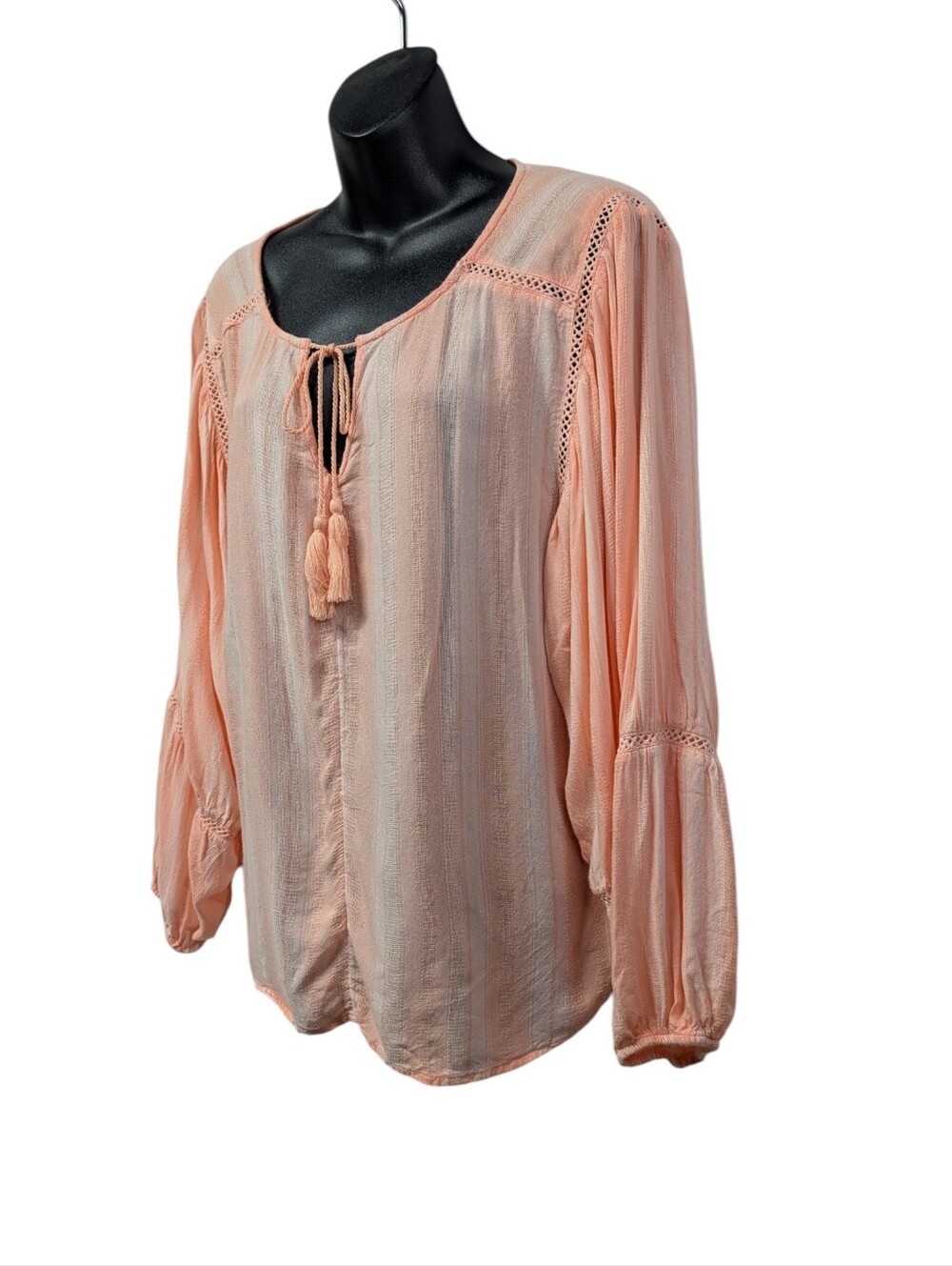Ariat Women Peach Pink Striped Peasant Blouse Size XL Balloon Sleeve Tassel Lace - Picture 3 of 9